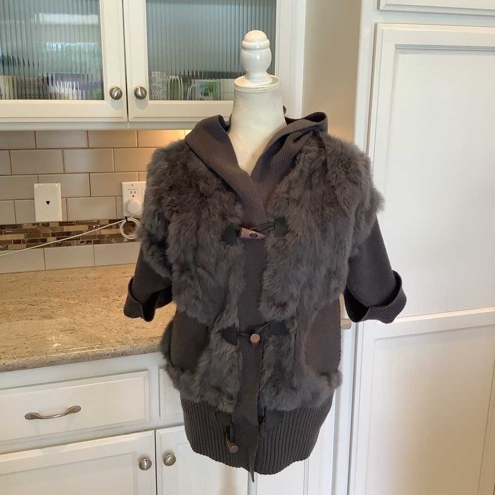 Gray Rabbit Fur and Knit Hooded Sweater Size XL by Dolce Cabo